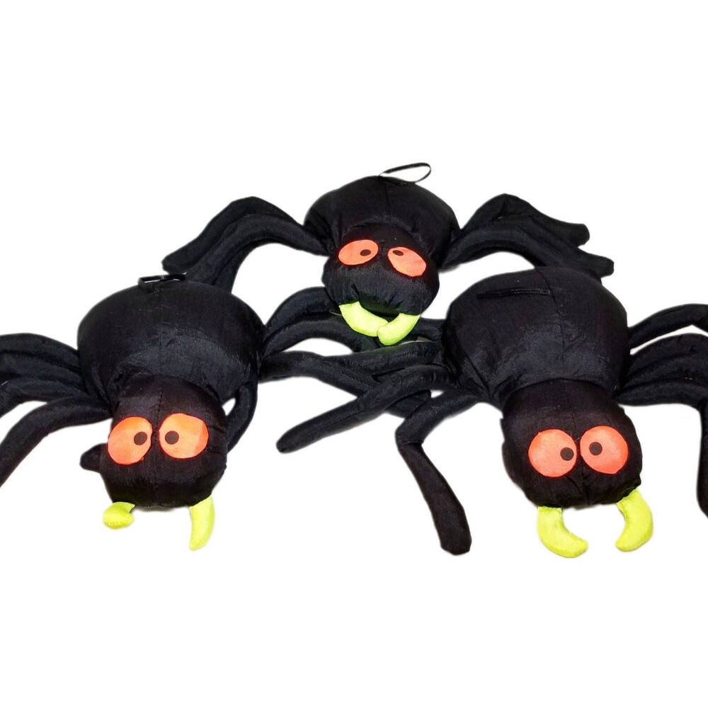 Nylon Plush Spiders Vintage Halloween Black Neon Stuffed Decorations LOT Of 3